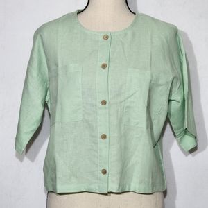 Meomua Linen Mint Green Short Sleeve Button Down Crop Top, Size XL